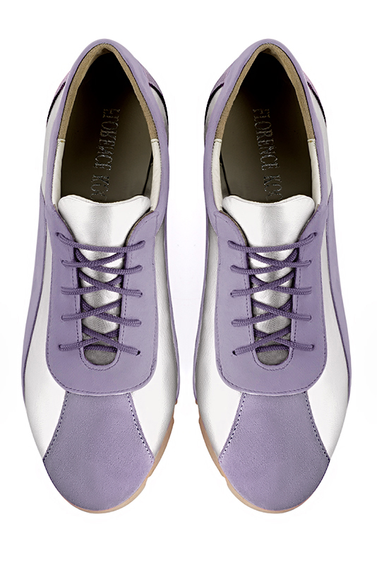 Lilac purple and light silver women's three-tone elegant sneakers. Round toe. Flat rubber soles. Top view - Florence KOOIJMAN